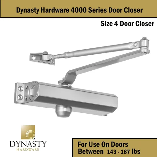 Vista 5 de Cerrador de Puerta de Dynasty Hardware, Cerrador Hidráulico Comercial, Autocierre, Resorte Tamaño 4, Montaje en Superficie, Aluminio Rociado, Serie