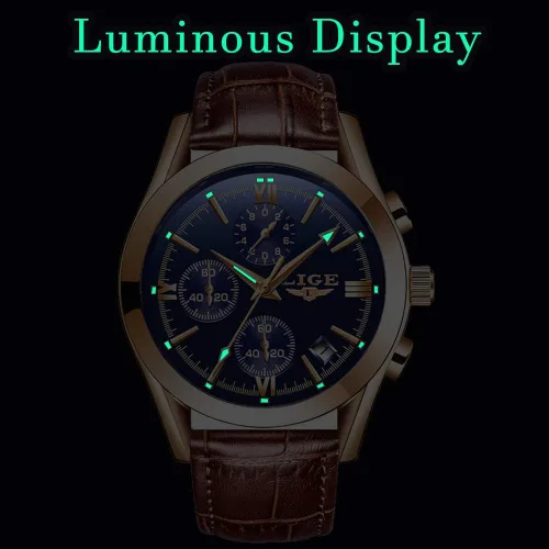 Vista 4 de LIGE Reloj analógico de cuero para hombre, reloj de pulsera de cuarzo, para citas, negocios, casual, impermeable, reloj deportivo, color negro