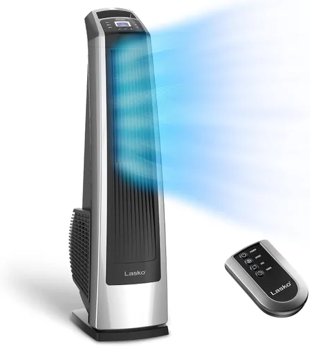 Vista 2 de Lasko Ventilador de torre oscilante de alta velocidad, control remoto, temporizador, 3 velocidades potentes y ventilador de piso de alta velocidad