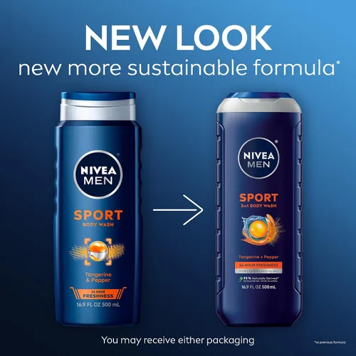 Vista 2 de NIVEA Men Sport Body Wash con minerales revitalizantes, aroma a mandarina y pimienta, gel de baño 3 en 1 para hombre, cara y cabello, sin parabenos