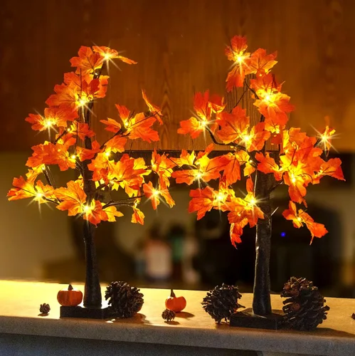 Vista 2 de Árbol de arce iluminado de otoño, 48 luces LED, funciona con USB / pilas, árbol de 24 pulgadas, centro de mesa de Acción de Gracias, decoración