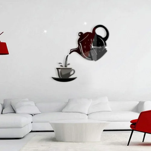 Vista 3 de Kit de reloj de pared sin marco, silencioso, sin tictac, grande, 3D, moderno, creativo, tetera, con espejo, calcomanías de número para sala