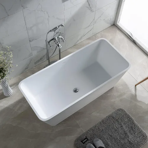 Vista 5 de Dowell - Bañera independiente de resina de piedra moderna de lujo de 60 pulgadas Bañera de superficie sólida de forma cuadrada blanca mate