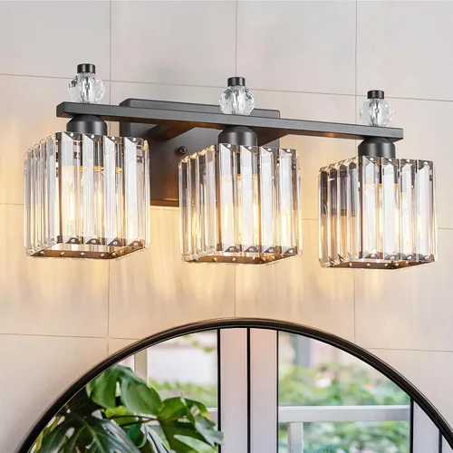 Vista 46 de Luces de Tocador de Baño de 3 Luces, Placado Negro, Modernas Luces de Tocador de Cristal para Baño, Luces de Tocador de Cristal para Usar Sobre