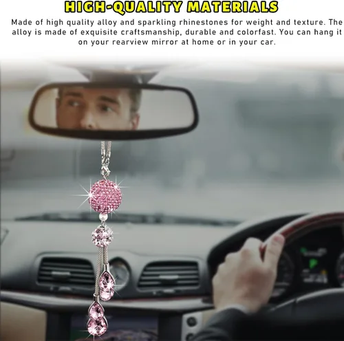 Vista 5 de Colgante brillante de bola y gotas para coche, adorno de espejo retrovisor de cristal para mujeres y niñas, accesorios universales brillantes
