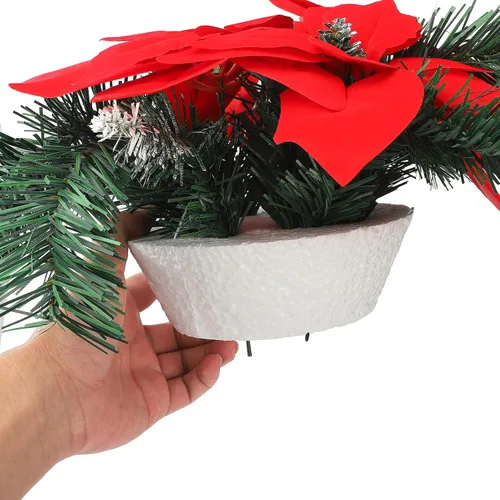 Vista 6 de Cesta colgante de Navidad preiluminada de 17.7 pulgadas, flor de pascua artificial, maceta colgante de flores de Navidad con luces, cesta de Navidad