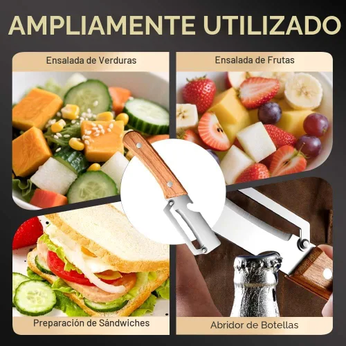Vista 6 de Cuchillo pelador de frutas grueso multifuncional de acero inoxidable para cocina, hoja ultraafilada con mango de madera y abridor de botellas