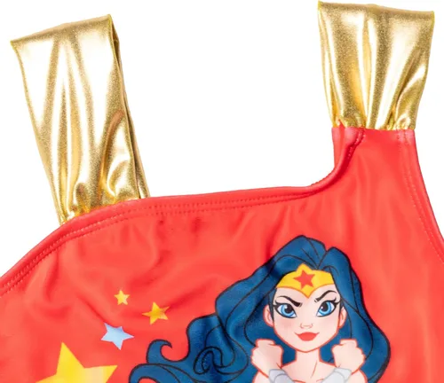 Vista 2 de DC Comics Traje de baño de una pieza de Batgirl de la Liga de la Justicia Mujer Maravilla para niñas pequeñas a niños grandes