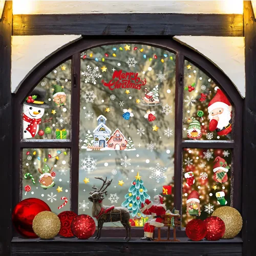 Vista 7 de AOWDIAO Decoraciones de Navidad, 210 unidades de adhesivos de ventana de Navidad para vidrio de doble cara, reutilizables, lindas calcomanías