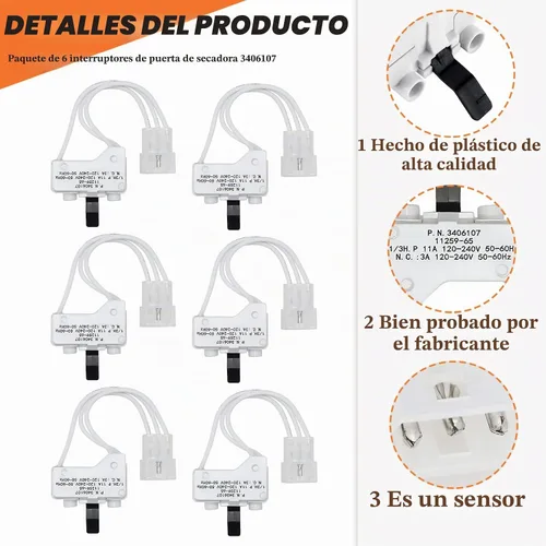 Vista 2 de Beaquicy - Interruptor para puerta de secadora 3406107, repuesto para secadora Whirlpool, Ken-more, Roper, Amana, Crosley (paquete de 6)