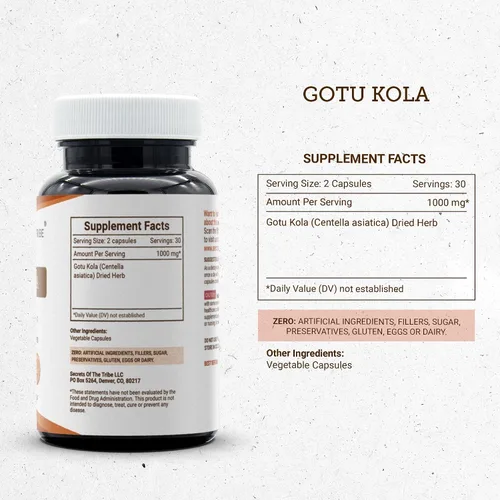 Vista 3 de Secrets of the Tribe Gotu Kola 60 Cápsulas, 1000 mg, Gotu Kola (Centella Asiatica) Hierba Seca (60 Cápsulas)