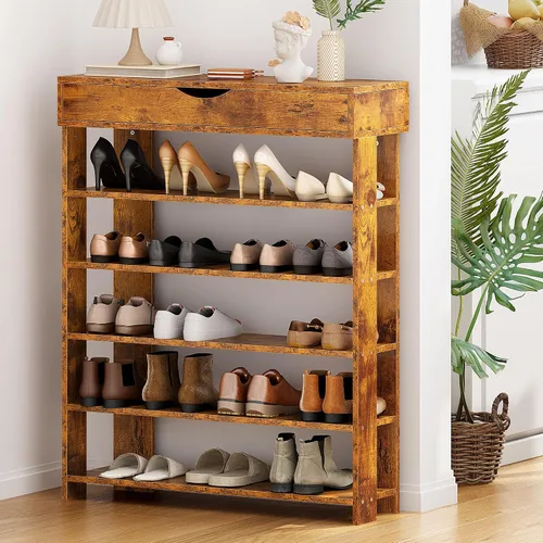 Vista 4 de SogesPower Zapatero de pie de 5 niveles de madera, organizador de zapatos de 29.5 pulgadas con estante de almacenamiento de zapatos con tapa