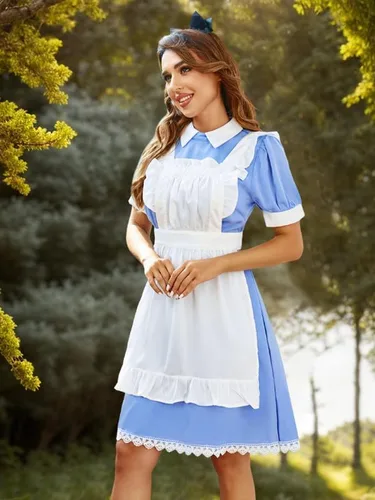 Vista 4 de Disfraz de Alicia de Halloween para mujer, vestido de princesa de manga abombada con cremallera