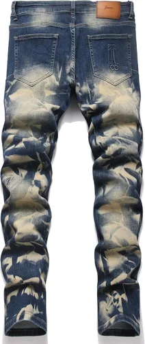 Vista 3 de Jeans rasgados para hombre, diseño ajustado y desgastado, elásticos, cómodos, con cintura flexible 9001 Azul