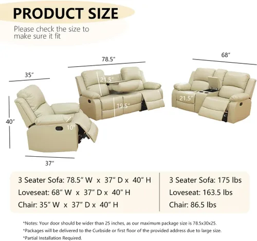 Vista 2 de Sofá reclinable manual, sofá reclinable de lujo de 3 plazas, sofá reclinable con portavasos y mesa de café, sofá de cuero sintético para sala