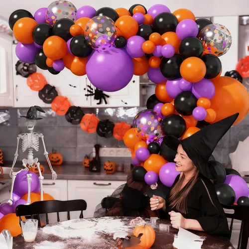 Vista 3 de Jobkoo Kit de guirnalda de arco de globos de Halloween, globos de confeti negro, morado, naranja, globos de confeti de Halloween, cumpleaños, baby