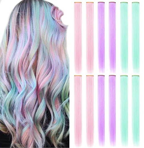 Vista 17 de 12 extensiones de cabello de colores rectas de 20 pulgadas, extensiones de cabello sintético con clip, color arcoíris, con reflejos, para fiesta
