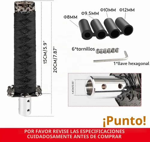 Vista 3 de Palanca de cambio estilo katana, pomo universal para espada samurái, compatible con autos manuales con adaptadores, negro (15 cm)