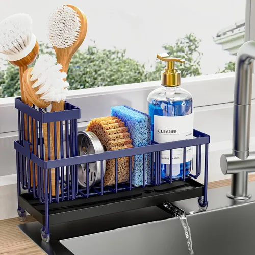 Vista 24 de Cisily Soporte de esponja negro extra grande para fregadero de cocina, organizador de fregadero con soporte alto para cepillos, organizadores