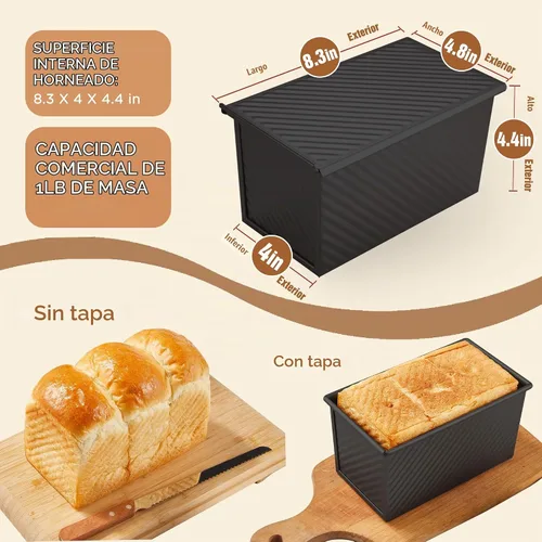 Vista 4 de KITESSENSU Molde para pan Pullman de acero al carbono con tapa, capacidad de masa de 1 libra, negro, antiadherente, pan y tostadas