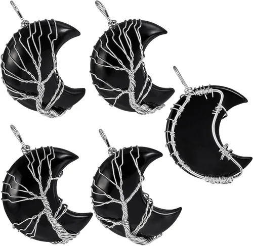 Vista 5 de TUMBEELLUWA 2 collares de árbol de la vida envueltos en alambre de cristal natural con piedra curativa de media luna para pareja