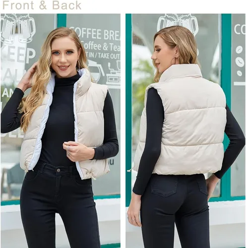 Vista 5 de Chaleco corto de invierno para mujer, ligero, reversible, cálido, chaleco acolchado, chaleco acolchado