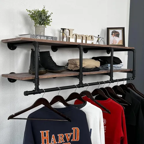 Vista 11 de Perchero para ropa de 72 pulgadas, para montar en la pared, con estante de madera real, perchero colgante resistente, barra para colgar multiusos