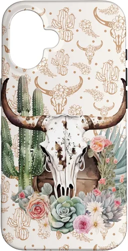 Vista 32 de Western Boho Chic Longhorn Bull Skull Cactus Beige Pattern Case for iPhone 17
