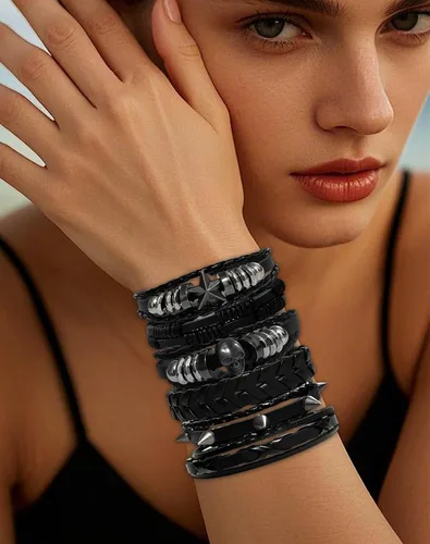 Vista 4 de 6 Pcs Punk Rock Leather Studded Bracelets for Men Women Adjustable Braided PU Wristband 80s Skull Gothic Emo Accessories