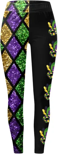 Vista 3 de Traje de Mardi Gras para mujer, leggings de Mardi Gras, con lentejuelas, bloque de color, gráfico, carnaval, festival, fiesta, pantalones de yoga