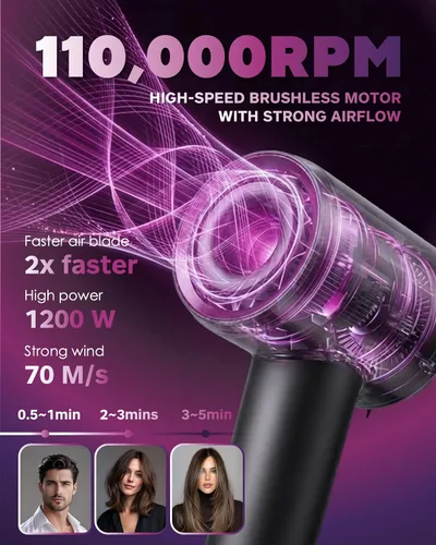 Vista 2 de Secador de pelo 2 en 1 y cápsula de esencia de fragancia, 110,000 rpm, secador iónico de alta velocidad de 1200 W con motor sin escobillas, control