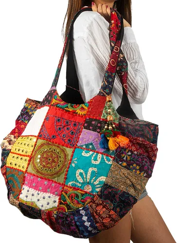 Vista 3 de Tribe Azure - Bolso de hombro hecho a mano para mujer, grande, floral, colorido, hecho a mano, para verano, playa, picnic, libros, portátil