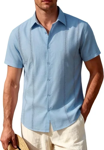Vista 9 de JEMITOP Camisa de guayabera cubana para hombre, casual, con botones, manga corta, para verano, crucero, playa, vacaciones