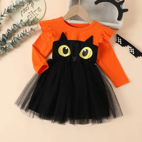 Vista 2 de Vestido de princesa de tul de malla de tul de manga larga para niños pequeños (naranja, 2-3 años)