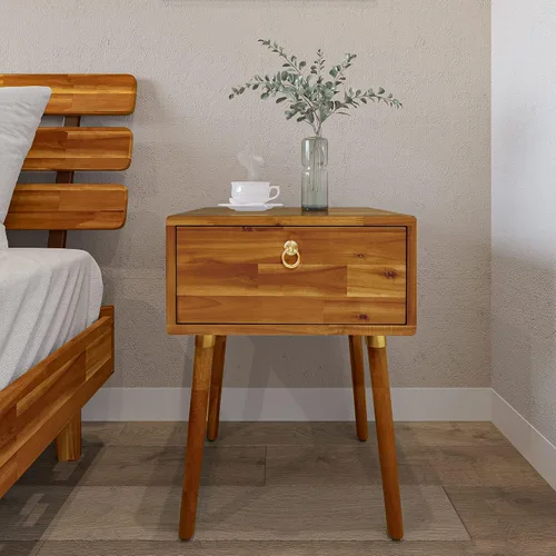Vista 9 de Bme Caden Mesita de noche/Mesa auxiliar/Mesa de centro de madera maciza, completamente ensamblada, con 1 cajón para dormitorio y sala de estar