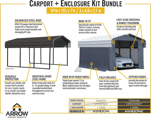 Vista 10 de Arrow Cobertizos exclusivos de Amazon de 10 x 15 x 7 pies de calibre 29 con paneles de techo de acero galvanizado y kit de recinto, cáscara de huevo