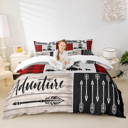Vista 25 de Juego de funda de edredón para niños de ciervo, oso, lobo, tamaño individual, juego de ropa de cama de cabaña de aventura para niños, niñas