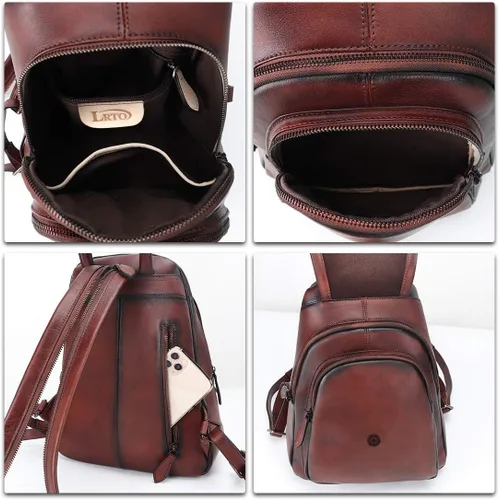 Vista 7 de LRTO Mochila de cuero genuino para mujer, mochila vintage casual para universidad, hecha a mano, mochila occidental de piel de vacuno