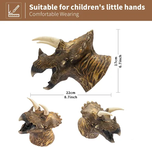 Vista 2 de Yolococa Marionetas de mano de dinosaurio, juego de marionetas de animales de látex de 3 piezas con T Rex, triceratops y estegosaurio para contar