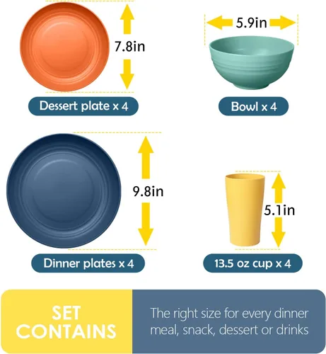Vista 2 de Teivio Juego de vajilla de plástico de paja de trigo de 16 piezas, servicio para 4, platos de cena, plato de postre, tazones para cereales, tazas