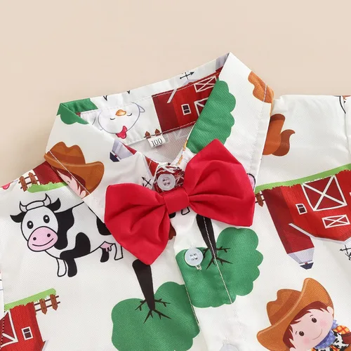 Vista 4 de Todder - Ropa de verano para niños y bebés, con estampado de dibujos animados, manga corta, cuello vuelto, camisas de vestir y pantalones cortos