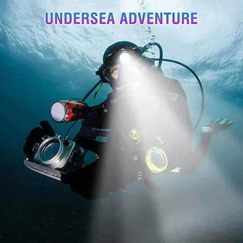 Vista 2 de Linterna frontal LED recargable, 5000 lúmenes, luz LED brillante para buceo, con 5 modos de luz, IPX8 de rotación de 180°, linterna submarina