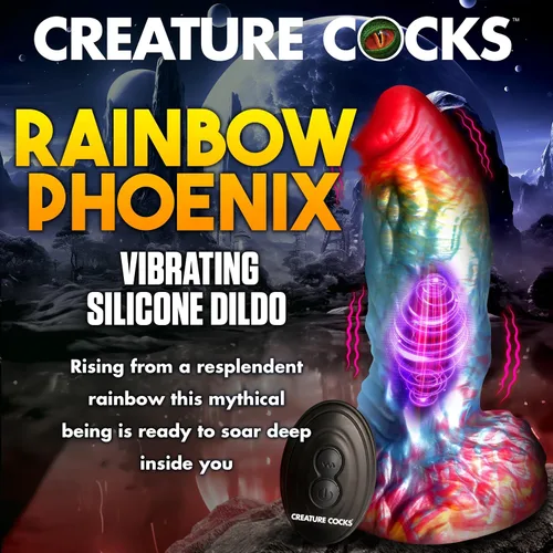 Vista 3 de CREATURE COCKS Consolador vibratorio de silicona Rainbow Phoenix para hombres, mujeres y parejas. Consolador de fantasía con potente vibración.