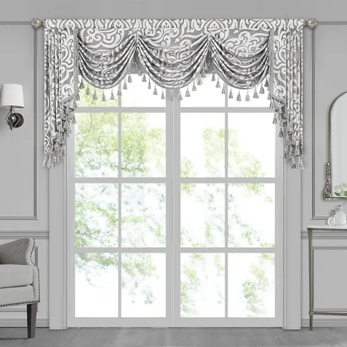 Vista 26 de Loom and Mill Cenefa de cascada de lujo de jacquard para sala de estar, elegantes cenefas de ventana con festones y cuentas damascadas, cortinas