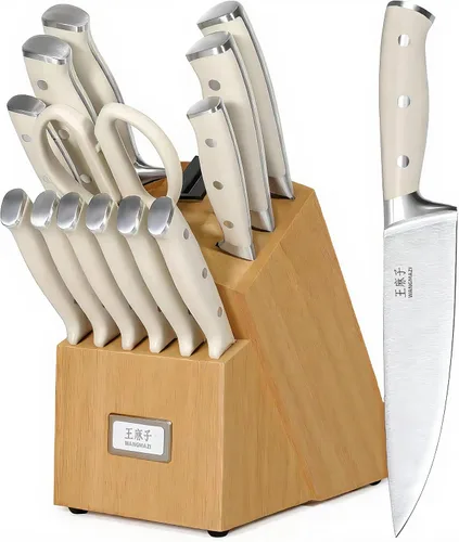 Vista 8 de WANGMAZI Juego de cuchillos de cocina de 15 piezas con afilador integrado, juego de cuchillos de cocina aptos para lavavajillas, cuchillos de acero