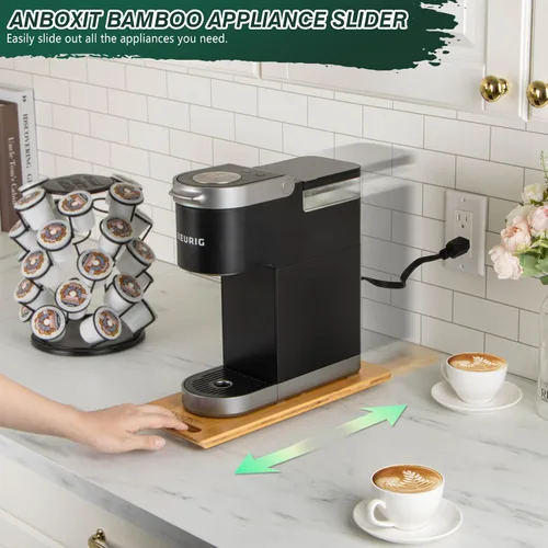 Vista 8 de ANBOXIT Deslizador de electrodomésticos, profundo, medio y profundo, pequeño, bandeja deslizante de bambú para cafetera, bandeja enrollable