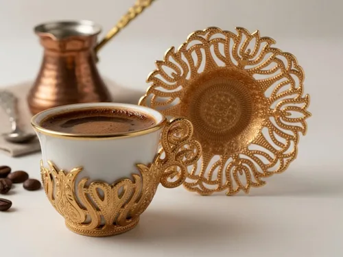 Vista 3 de Alisveristime Juego de tazas de café turco, porcelana blanca y metal de zinc con motivos turcos, 6 tazas y platillos (dorado)