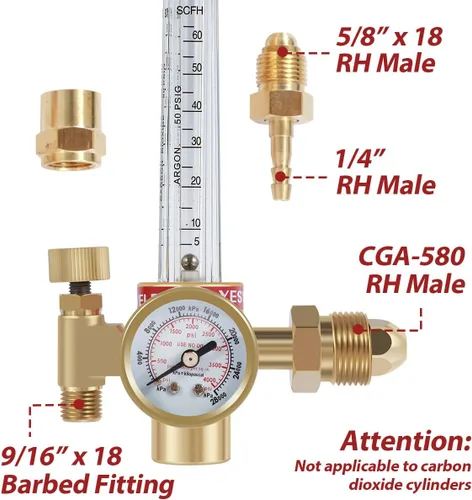 Vista 4 de HTP Argon CO2 Mig Tig Medidor de flujo 0-4000 PSI regulador de nitrógeno medidor de flujo 10-60CFH Regulador de argón ajustable Medidor de flujo