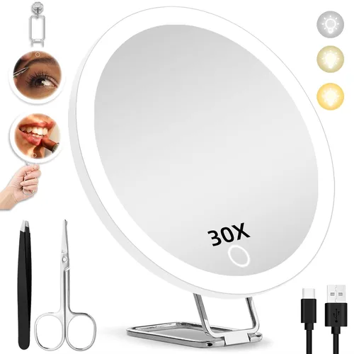 Vista 10 de Espejo de aumento de maquillaje 10X con luces, espejo aumentado de mano de Negro-10x