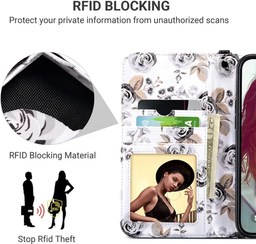 Vista 8 de ULAK Funda tipo cartera compatible con iPhone 15 Pro con tarjetero y diseño de flores, para mujeres y niñas, piel sintética, con función atril